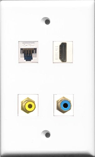 RiteAV - 1 Port HDMI and 1 Port RCA Yellow and 1 Port RCA Blue and 1 Port Cat5e Ethernet White Wall Plate