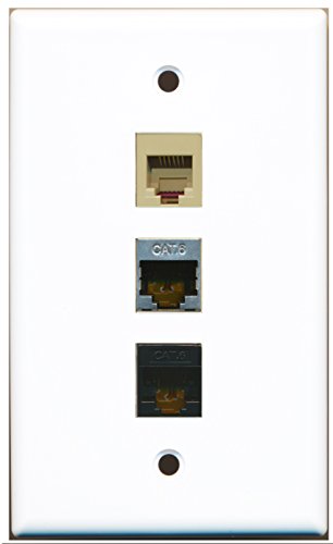 RiteAV - 1 Port Phone RJ11 RJ12 Beige and 1 Port Shielded Cat6 Ethernet and 1 Port Cat6 Ethernet Black Wall Plate