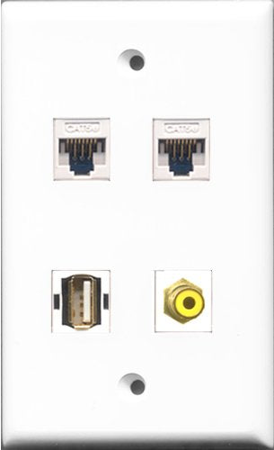RiteAV - 1 Port RCA Yellow and 1 Port USB A-A 2 Port Cat5e Ethernet White Wall Plate