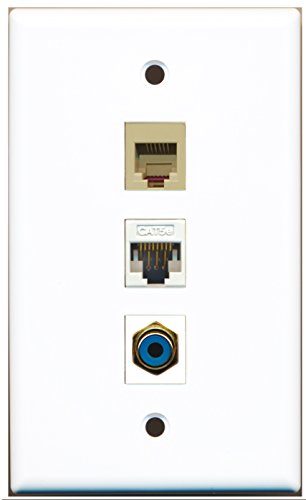 RiteAV - 1 Port RCA Blue 1 Phone RJ11 RJ12 Beige 1 Cat5e Ethernet White Wall Plate