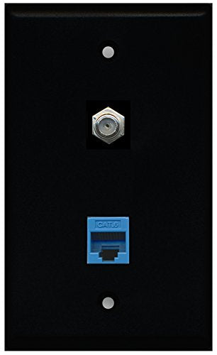 RiteAV - Black 1 Port Coax Cable TV- F-Type 1 Port Cat6 Ethernet Blue Wall Plate