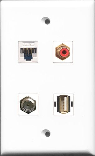 RiteAV 1 Port RCA Red and 1 Port Coax Cable TV- F-Type and 1 Port USB A-A and 1 Port Cat5e Ethernet White Wall Plate