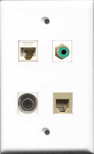 RiteAV 1 Port RCA Green and 1 Port Phone RJ11 RJ12 Beige and 1 Port 3.5mm and 1 Port Cat6 Ethernet White Wall Plate