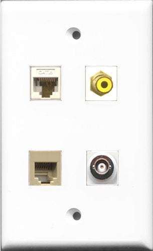 RiteAV 1 Port RCA Yellow and 1 Port Phone RJ11 RJ12 Beige and 1 Port BNC and 1 Port Cat6 Ethernet White Wall Plate