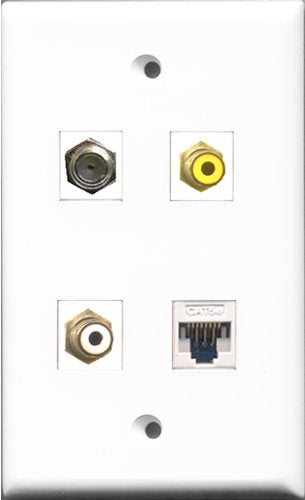 RiteAV 1 Port RCA White and 1 Port RCA Yellow and 1 Port Coax Cable TV- F-Type and 1 Port Cat5e Ethernet White Wall Plate