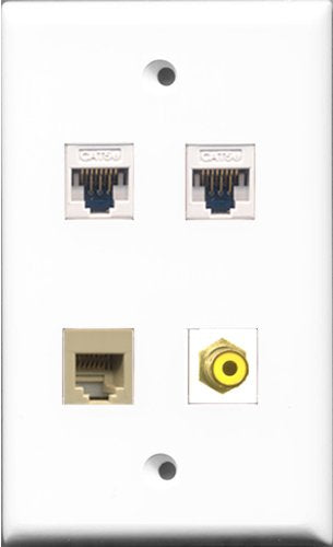 RiteAV - 1 Port RCA Yellow and 1 Port Phone RJ11 RJ12 Beige 2 Port Cat5e Ethernet White Wall Plate