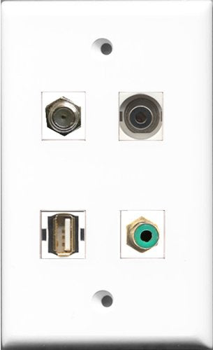 RiteAV 1 Port RCA Green and 1 Port Coax Cable TV- F-Type and 1 Port Shielded Cat6 Ethernet and 1 Port 3.5mm Wall Plate