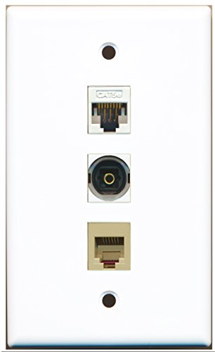 RiteAV - 1 Port Phone RJ11 RJ12 Beige and 1 Port Toslink and 1 Port Cat5e Ethernet White Wall Plate