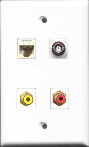 RiteAV 1 Port RCA Red and 1 Port RCA Yellow and 1 Port BNC and 1 Port Cat6 Ethernet White Wall Plate