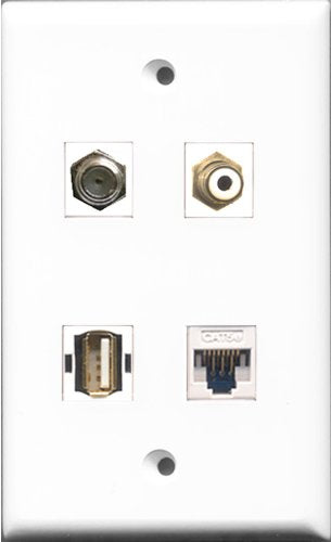 RiteAV 1 Port RCA White and 1 Port Coax Cable TV- F-Type and 1 Port USB A-A and 1 Port Cat5e Ethernet White Wall Plate