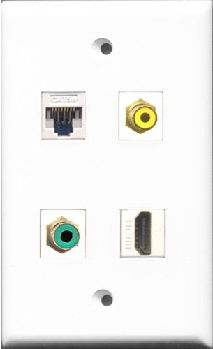 RiteAV 1 Port HDMI and 1 Port RCA Yellow and 1 Port RCA Green and 1 Port Cat5e Ethernet White Wall Plate