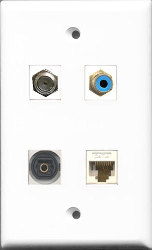 RiteAV 1 Port RCA Blue and 1 Port Coax Cable TV- F-Type and 1 Port Toslink and 1 Port Cat6 Ethernet White Wall Plate