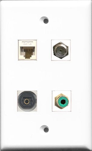 RiteAV 1 Port RCA Green and 1 Port Coax Cable TV- F-Type and 1 Port Toslink and 1 Port Cat6 Ethernet White Wall Plate
