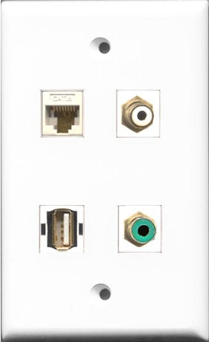 RiteAV 1 Port RCA White and 1 Port RCA Green and 1 Port USB A-A and 1 Port Cat6 Ethernet White Wall Plate