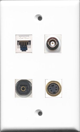 RiteAV - 1 Port S-Video and 1 Port Toslink and 1 Port BNC and 1 Port Cat5e Ethernet White Wall Plate