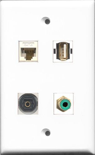 RiteAV 1 Port RCA Green and 1 Port USB A-A and 1 Port Toslink and 1 Port Cat6 Ethernet White Wall Plate