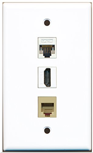 RiteAV - 1 Port HDMI and 1 Port Phone RJ11 RJ12 Beige and 1 Port Cat5e Ethernet White Wall Plate