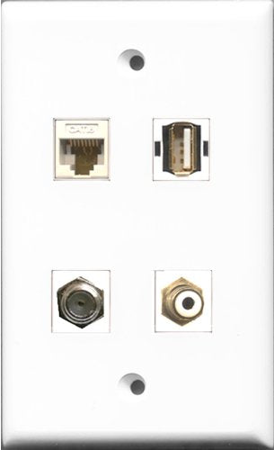 RiteAV 1 Port RCA White and 1 Port Coax Cable TV- F-Type and 1 Port USB A-A and 1 Port Cat6 Ethernet White Wall Plate
