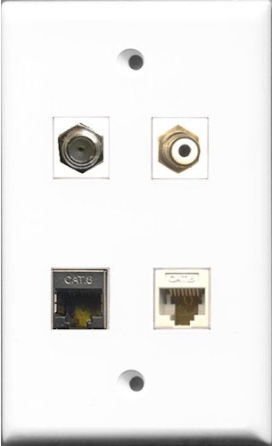 RiteAV 1 Port RCA White and 1 Port Coax Cable TV- F-Type and 1 Port Shielded Cat6 Ethernet and 1 Port Cat6 Ethernet White Wall Plate
