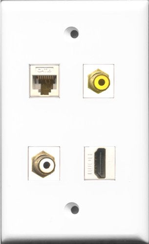RiteAV 1 Port HDMI and 1 Port RCA White and 1 Port RCA Yellow and 1 Port Cat6 Ethernet White Wall Plate