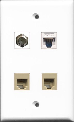 RiteAV 1 Port Coax Cable TV- F-Type 2 Port Phone RJ11 RJ12 Beige and 1 Port Cat5e Ethernet White Wall Plate