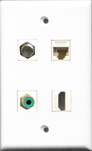 RiteAV 1 Port HDMI and 1 Port RCA Green and 1 Port Coax Cable TV- F-Type and 1 Port Cat6 Ethernet White Wall Plate