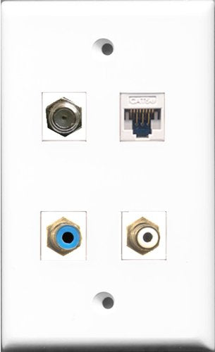 RiteAV 1 Port RCA White and 1 Port RCA Blue and 1 Port Coax Cable TV- F-Type and 1 Port Cat5e Ethernet White Wall Plate