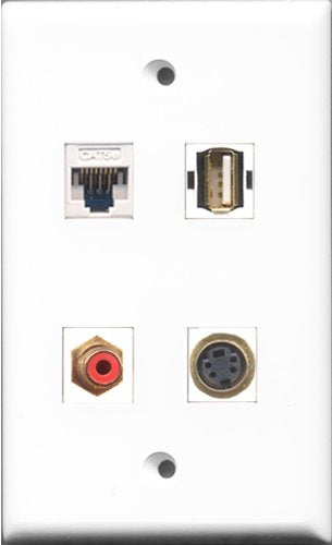 RiteAV 1 Port RCA Red and 1 Port USB A-A and 1 Port S-Video and 1 Port Cat5e Ethernet White Wall Plate