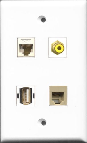 RiteAV 1 Port RCA Yellow and 1 Port USB A-A and 1 Port Phone RJ11 RJ12 Beige and 1 Port Cat6 Ethernet White Wall Plate