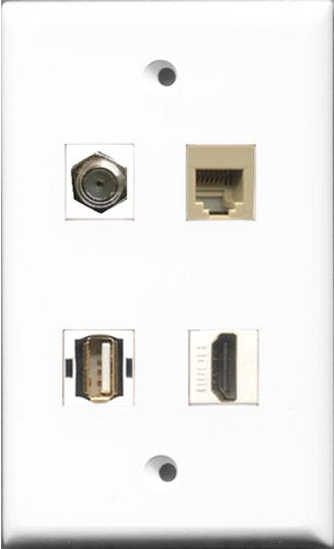 RiteAV 1 Port HDMI and 1 Port Coax Cable TV- F-Type and 1 Port USB A-A and 1 Port Phone RJ11 RJ12 Beige Wall Plate