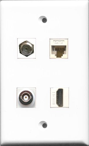 RiteAV 1 Port HDMI and 1 Port Coax Cable TV- F-Type and 1 Port BNC and 1 Port Cat6 Ethernet White Wall Plate