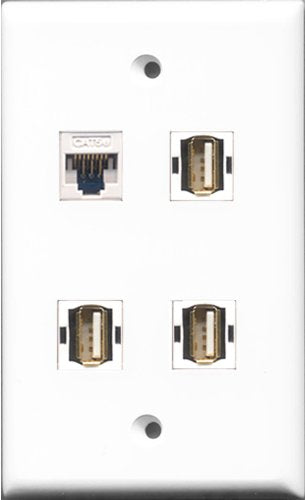 RiteAV - 3 Port USB A-A and 1 Port Cat5e Ethernet White Wall Plate