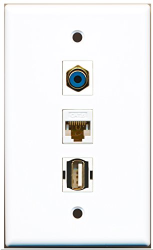 RiteAV - 1 Port RCA Blue and 1 Port USB A-A and 1 Port Cat6 Ethernet White Wall Plate