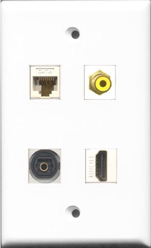 RiteAV 1 Port HDMI and 1 Port RCA Yellow and 1 Port Toslink and 1 Port Cat6 Ethernet White Wall Plate