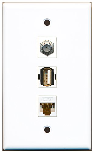 RiteAV - 1 Port Coax Cable TV- F-Type and 1 Port USB A-A and 1 Port Cat6 Ethernet White Wall Plate