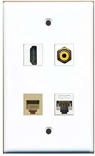 RiteAV - 1 Port HDMI 1 Port RCA Yellow 1 Port Phone RJ11 RJ12 Beige 1 Port Cat5e Ethernet White Wall Plate