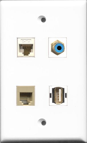 RiteAV 1 Port RCA Blue and 1 Port USB A-A and 1 Port Phone RJ11 RJ12 Beige and 1 Port Cat6 Ethernet White Wall Plate