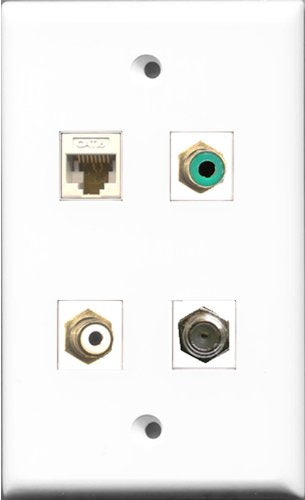 RiteAV 1 Port RCA White and 1 Port RCA Green and 1 Port Coax Cable TV- F-Type and 1 Port Cat6 Ethernet White Wall Plate