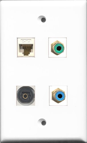 RiteAV 1 Port RCA Green and 1 Port RCA Blue and 1 Port Toslink and 1 Port Cat6 Ethernet White Wall Plate