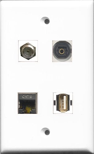 RiteAV 1 Port Coax Cable TV- F-Type and 1 Port USB A-A and 1 Port Shielded Cat6 Ethernet and 1 Port Toslink Wall Plate