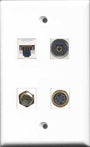 RiteAV 1 Port Coax Cable TV- F-Type and 1 Port S-Video and 1 Port Toslink and 1 Port Cat5e Ethernet White Wall Plate