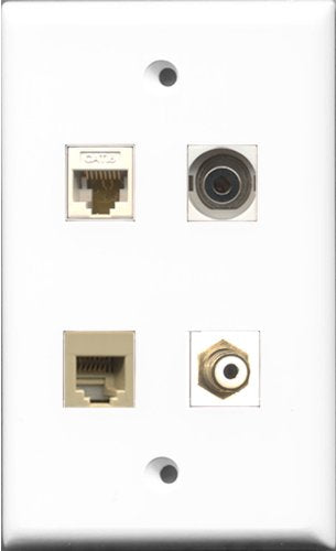 RiteAV 1 Port RCA White and 1 Port Phone RJ11 RJ12 Beige and 1 Port 3.5mm and 1 Port Cat6 Ethernet White Wall Plate