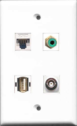 RiteAV 1 Port RCA Green and 1 Port USB A-A and 1 Port BNC and 1 Port Cat5e Ethernet White Wall Plate