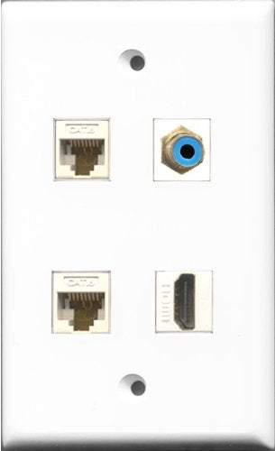 RiteAV 1 Port HDMI and 1 Port RCA Blue 2 Port Cat6 Ethernet White Wall Plate