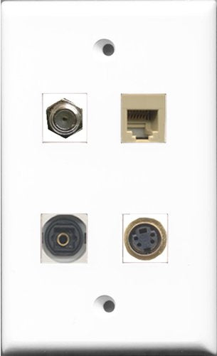 RiteAV 1 Port Coax Cable TV- F-Type and 1 Port Phone RJ11 RJ12 Beige and 1 Port S-Video and 1 Port Toslink Wall Plate