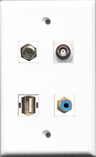 RiteAV 1 Port RCA Blue and 1 Port Coax Cable TV- F-Type and 1 Port Shielded Cat6 Ethernet and 1 Port BNC Wall Plate