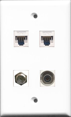 RiteAV - 1 Port Coax Cable TV- F-Type and 1 Port 3.5mm 2 Port Cat5e Ethernet White Wall Plate