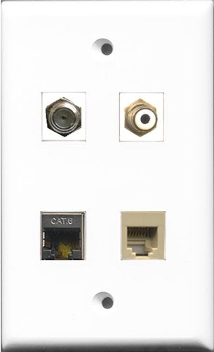 RiteAV 1 Port RCA White and 1 Port Coax Cable TV- F-Type and 1 Port Phone RJ11 RJ12 Beige and 1 Port Shielded Cat6 Ethernet Wall Plate