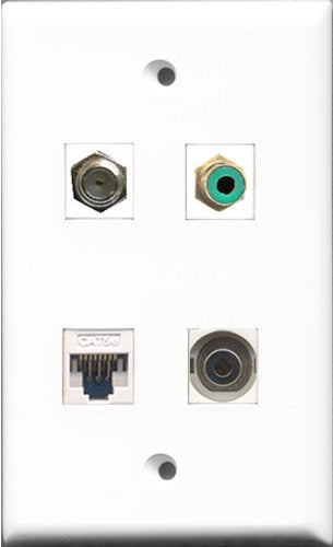 RiteAV 1 Port RCA Green and 1 Port Coax Cable TV- F-Type and 1 Port 3.5mm and 1 Port Cat5e Ethernet White Wall Plate