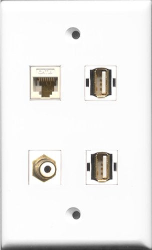 RiteAV 1 Port RCA White 2 Port USB A-A and 1 Port Cat6 Ethernet White Wall Plate